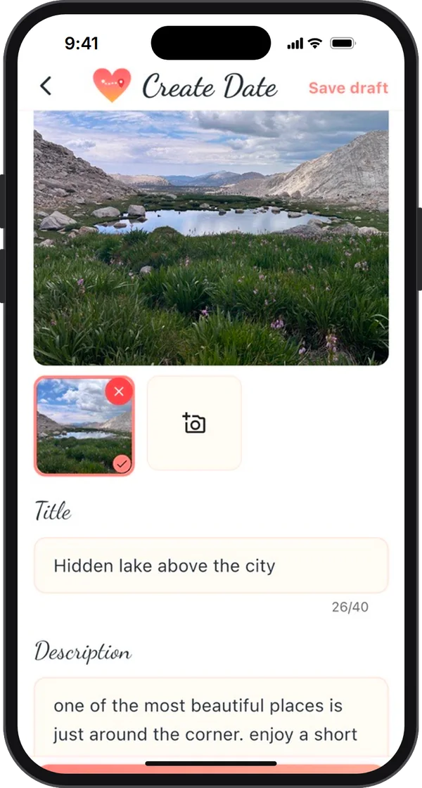 The Create Date screen: a cover photo of a lake below the mountains, the title Hidden lake above the city, and a description being written.