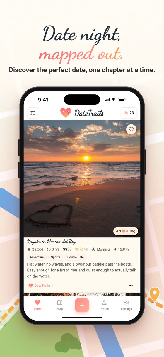 Date night, mapped out. The Dates feed, with Kayaks in Marina del Rey on top.