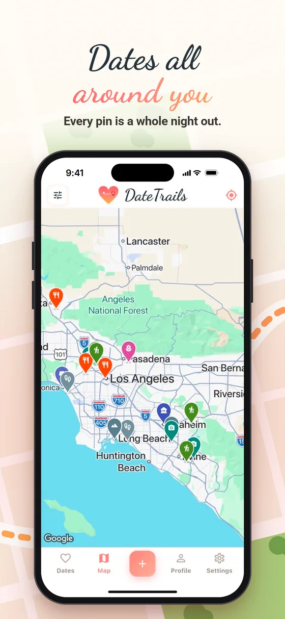 Dates all around you. The map tab, every pin a whole night out.