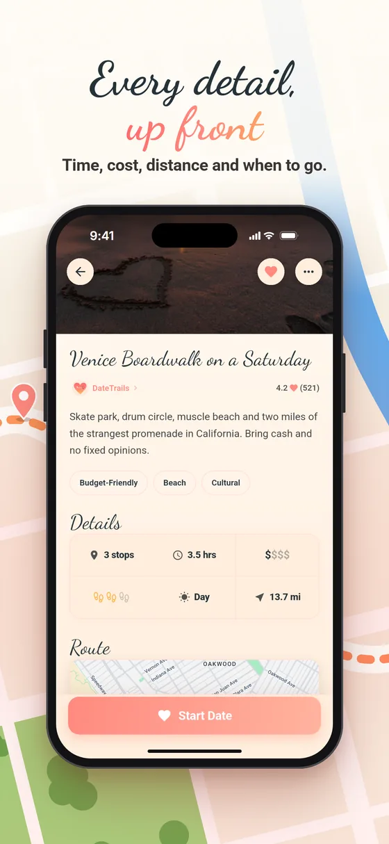 Every detail, up front. A date's page: time, cost, distance and when to go.