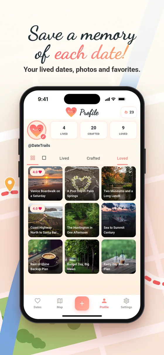 Save a memory of each date. Your profile's lived dates, photos and favorites.